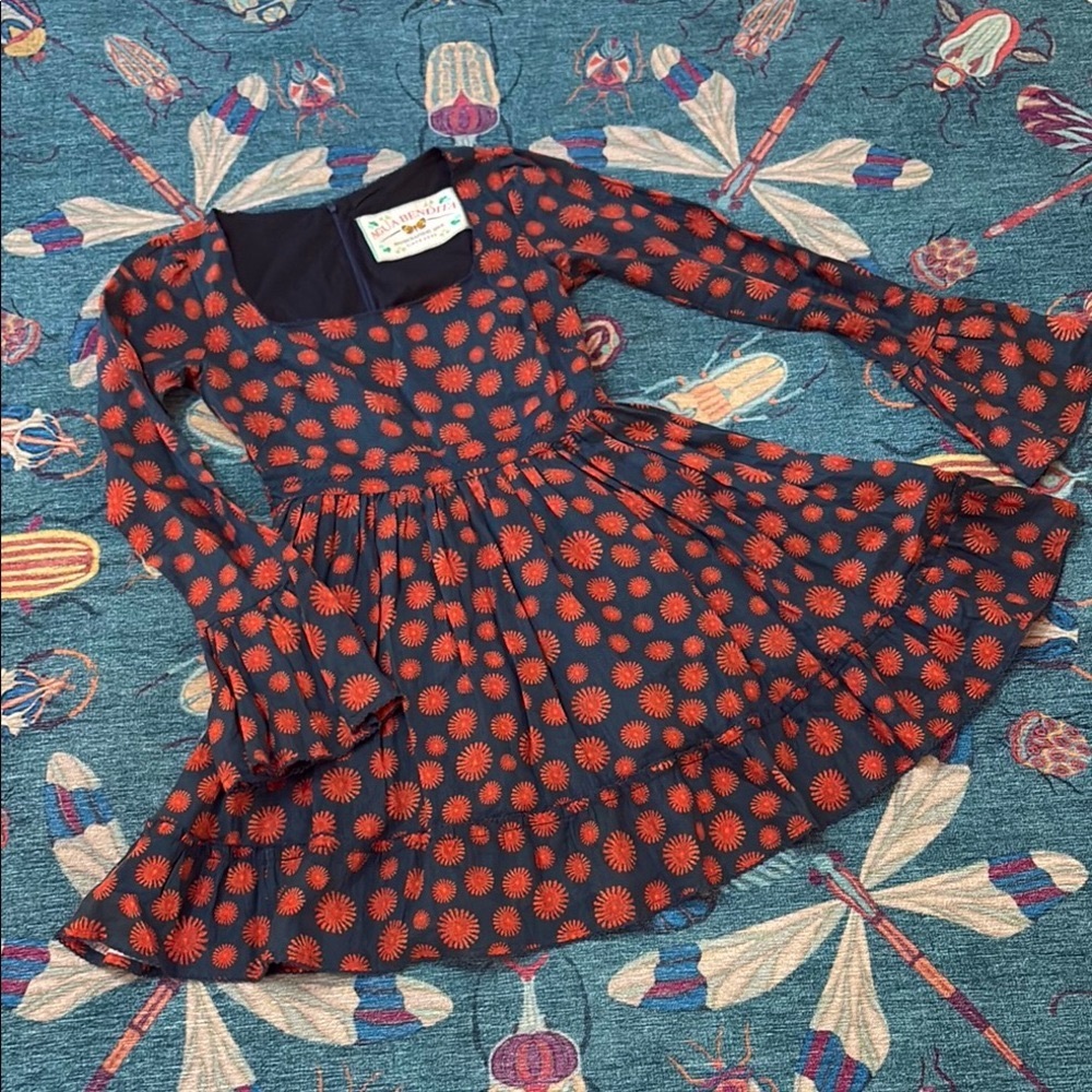 Agua Bendita Linen Mini Dress in Navy and Red Sun M